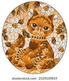 Ilustración en estilo de vidriera con un lindo gato sobre un fondo de prados, flores y cielo, Imagen ovalada, tono marrón