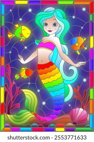 Illustration in stained glass style with cute cartoon mermaid in the background of the seabed and fish