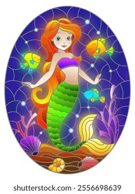 Illustration in stained glass style with cute cartoon mermaid in the background of the seabed and fish, oval image