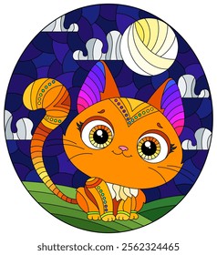 Illustration in stained glass style with a cute cartoon red kitten on the background of the cloudy sky with moon and meadow