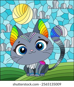 Illustration in stained glass style with a cute cartoon grey kitten on the background of the cloudy sky with sun and meadow