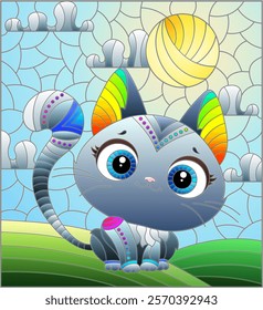 Illustration in stained glass style with a cute cartoon grey kitten on the background of the cloudy sky with sun and meadow