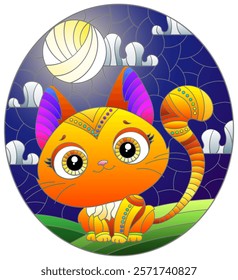 Illustration in stained glass style with a cute cartoon red kitten on the background of the cloudy sky with moon and meadow