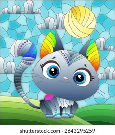 Illustration in stained glass style with a cute cartoon grey kitten on the background of the cloudy sky with sun and meadow