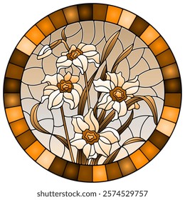 Illustration in stained glass style with daffodils on sky background in frame, round image, tone brown