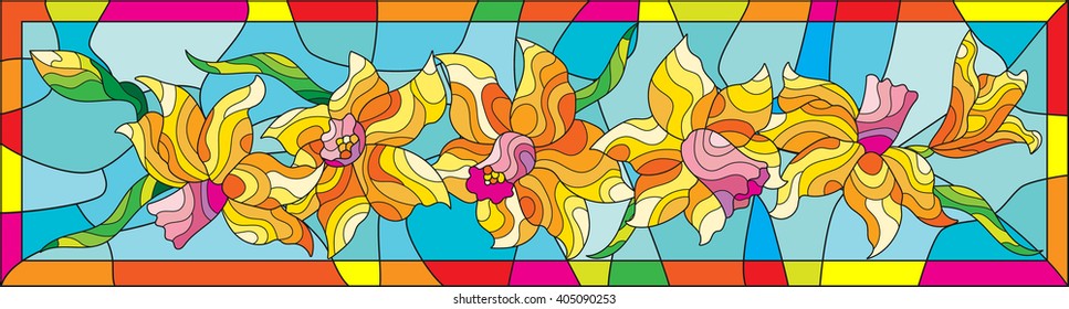 Illustration in stained glass style with daffodils on blue background