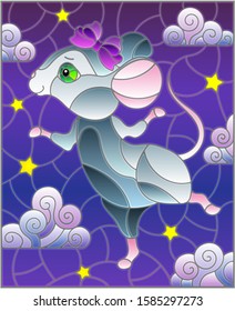 Illustration in stained glass style with a  dancing mouse on the background of the starry sky and clouds