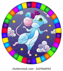 Illustration in stained glass style with a  dancing mouse on the background of the starry sky and clouds, oval image in bright frame