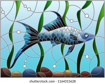 Illustration in stained glass style with dark mollienesia fish on the background of water and algae