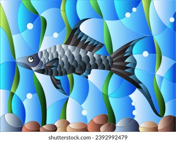 Illustration in stained glass style with dark mollienesia fish on the background of water and algae