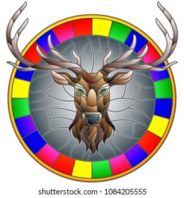 Illustration in stained glass style with deer head in round frame on white background