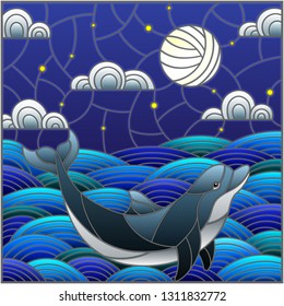 Illustration in stained glass style dolphin into the waves, starry sky,moon  and clouds, square  image