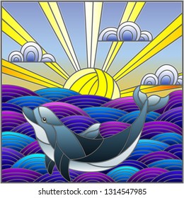 Illustration in stained glass style dolphin into the waves, Sunny sky and clouds, square image