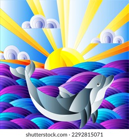 Illustration in stained glass style dolphin into the waves, Sunny sky and clouds, square image