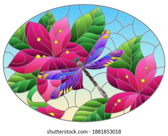 Illustration in stained glass style with a dragonfly and bright flowers on a blue background, oval image