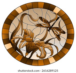 Illustration in stained glass style with dragonfly against the sky, foliage and flower of Lily, tone brown