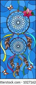 Illustration in stained glass style with dream catcher and butterflies on sky background