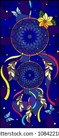 Illustration in stained glass style with dream catcher and moths on  a starry night sky background