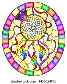 Illustration in stained glass style with dream catcher  on yellow background, oval image in bright frame