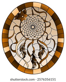 Illustration in stained glass style with dream catcher  on sky background, oval image in frame, tone brown