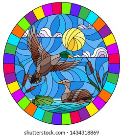 Illustration in stained glass style with ducks on a pond in the reeds against the cloudy sky and the sun, oval image in bright frame 