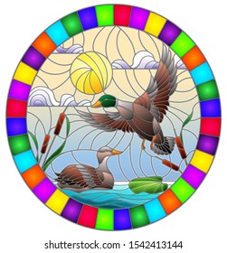 Illustration in stained glass style with ducks on a pond in the reeds against the cloudy sky and the sun, oval image in bright frame 