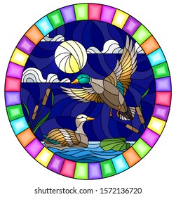 Illustration in stained glass style with ducks on a pond in the reeds against the cloudy night sky and the moon , oval image in bright frame 