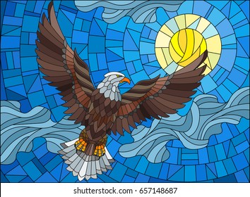 Illustration in stained glass style eagle on the background of sky, sun and clouds