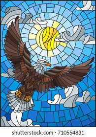 Illustration in stained glass style eagle on the background of sky, sun and clouds