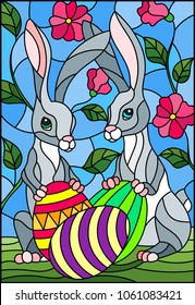 Illustration in stained glass style for Easter holiday, two rabbits and Easter painted eggs on a background of tree branches with flowers