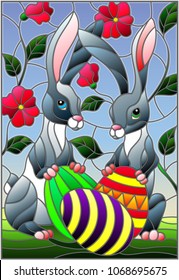 Illustration in stained glass style for Easter holiday, two rabbits and Easter painted eggs on a background of tree branches with flowers
