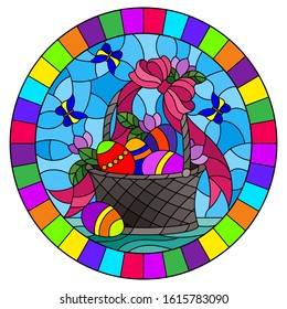 Illustration in stained glass style for Easter, basket with Easter eggs and flowers on a blue background, oval image in bright frame