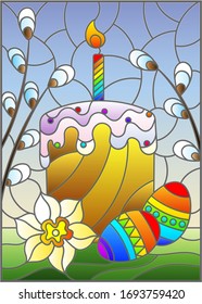 Illustration in stained glass style with an Easter still life , cake and Easter eggs on the background of willow branches and the sky