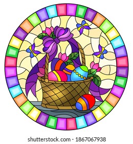 Illustration in stained glass style for Easter, basket with Easter eggs and flowers on a light background, oval image in bright frame