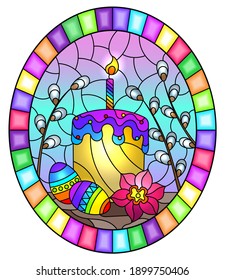 Illustration in stained glass style with an Easter still life , cake and Easter eggs on the background of willow branches and the sky, oval image in bright frame