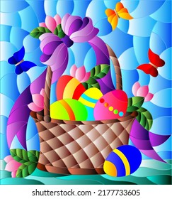 Illustration in stained glass style for Easter, basket with Easter eggs and flowers on a blue background