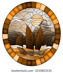 Illustration in stained glass style with the Eastern ship on the background of sky, sun and rocky shores, tone brown