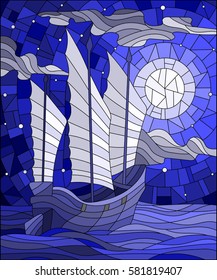 Illustration in stained glass style the Eastern ship with white sails on the background of sky, sun and ocean, blue tone