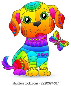 Illustration in  stained glass style, element with funny cartoon dog , isolated image on white background