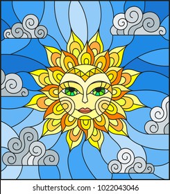 Illustration in stained glass style with fabulous sun with the face on the background of sky and clouds