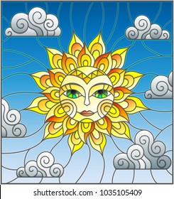 Illustration in stained glass style with fabulous sun with the face on the background of sky and clouds