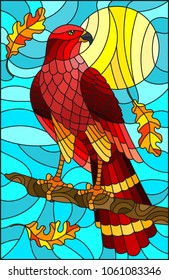 Illustration in stained glass style with fabulous red Falcon sitting on a tree branch against the sky