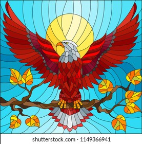 Illustration in stained glass style with fabulous red eagle sitting on a tree branch against the sky