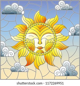 Illustration in stained glass style with fabulous sun with the face on the background of sky and clouds