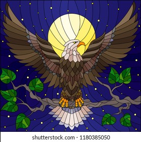 Illustration in stained glass style with fabulous eagle sitting on a tree branch against the starry sky and moon