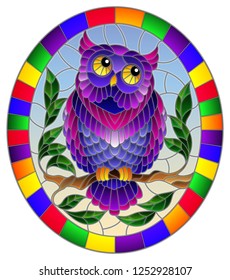 Illustration in stained glass style with fabulous purple owl sitting on a tree branch against the sky,oval picture frame in bright