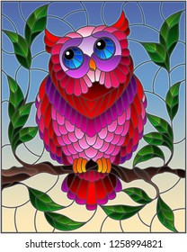 Illustration in stained glass style with fabulous pink owl sitting on a tree branch against the sky