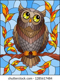 Illustration in stained glass style with fabulous brown  owl sitting on a autumn tree branch against the sky