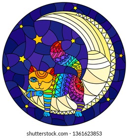 Illustration in stained glass style with fabulous rainbow kitten  on the moon on a starry sky background, round image 