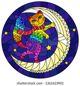 Illustration in stained glass style with fabulous rainbow kitten  on the moon on a starry sky background, round image 